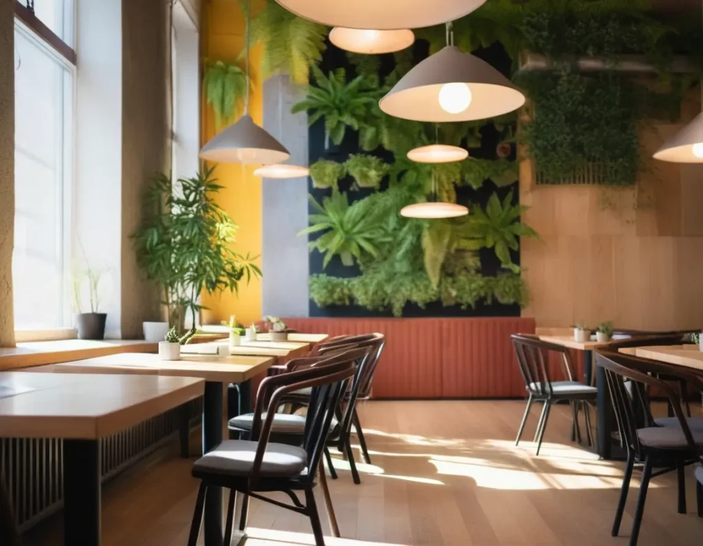 A sustainable restaurant interior featuring eco-friendly wall materials and natural greenery