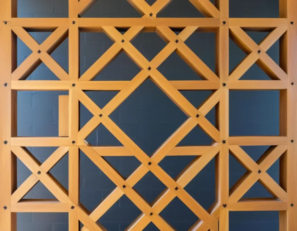 A trendy wooden partition design with geometric patterns, perfect for modern interiors