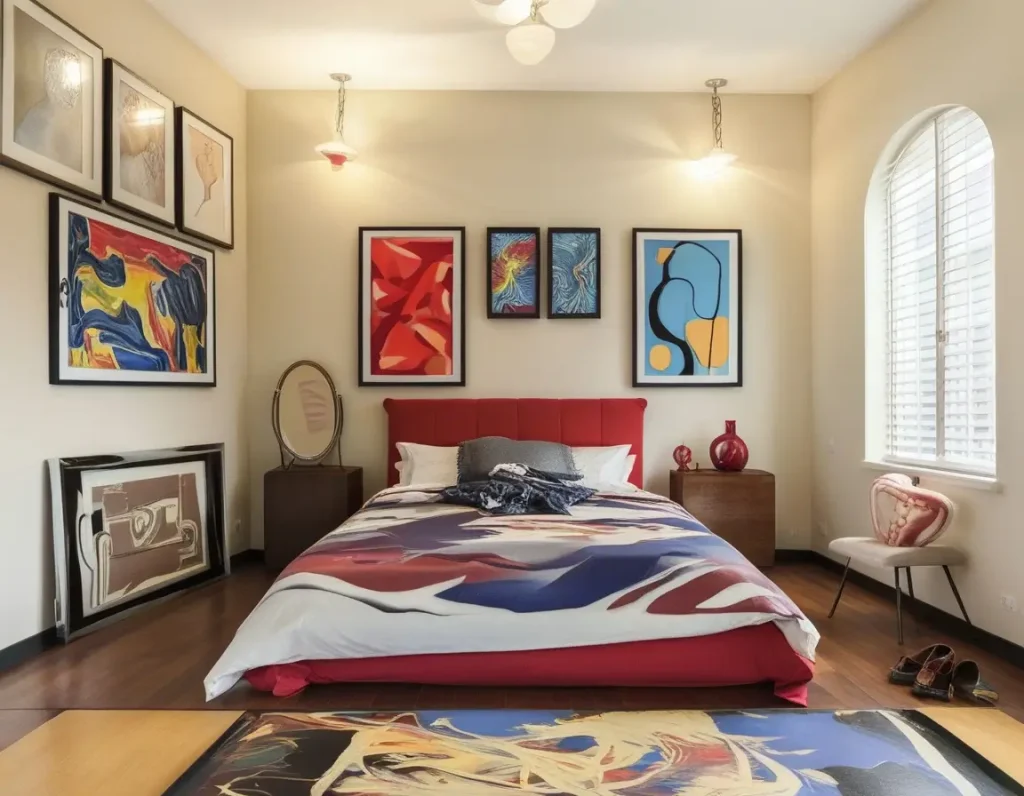 A bedroom with cream walls serving as a backdrop for bold abstract paintings and colorful decorative accents