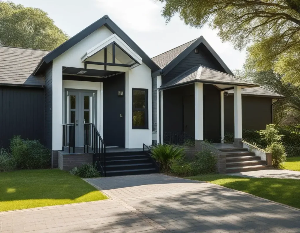 A sleek modern bungalow with a monochrome palette of black, white, and grey for a sophisticated look