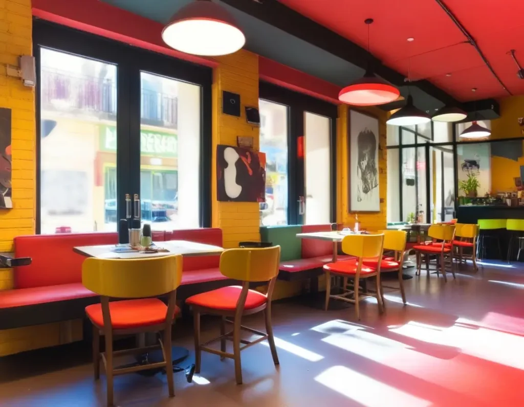 A vibrant restaurant interior using bold colors and creative patterns for a lively atmosphere