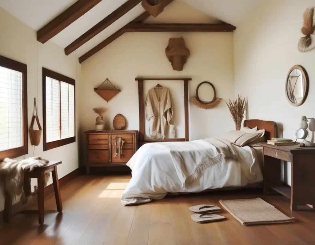 A rustic bedroom with cream walls, wooden furniture, and natural textiles, blending contemporary and farmhouse styles