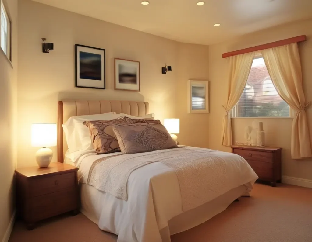 A bedroom with cream-colored walls, illuminated by layered warm lighting, including pendant lights and table lamps