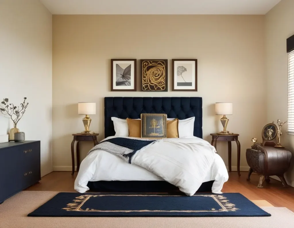 A bedroom featuring cream walls with bold navy blue and brass-accented decor for a balanced and vibrant design