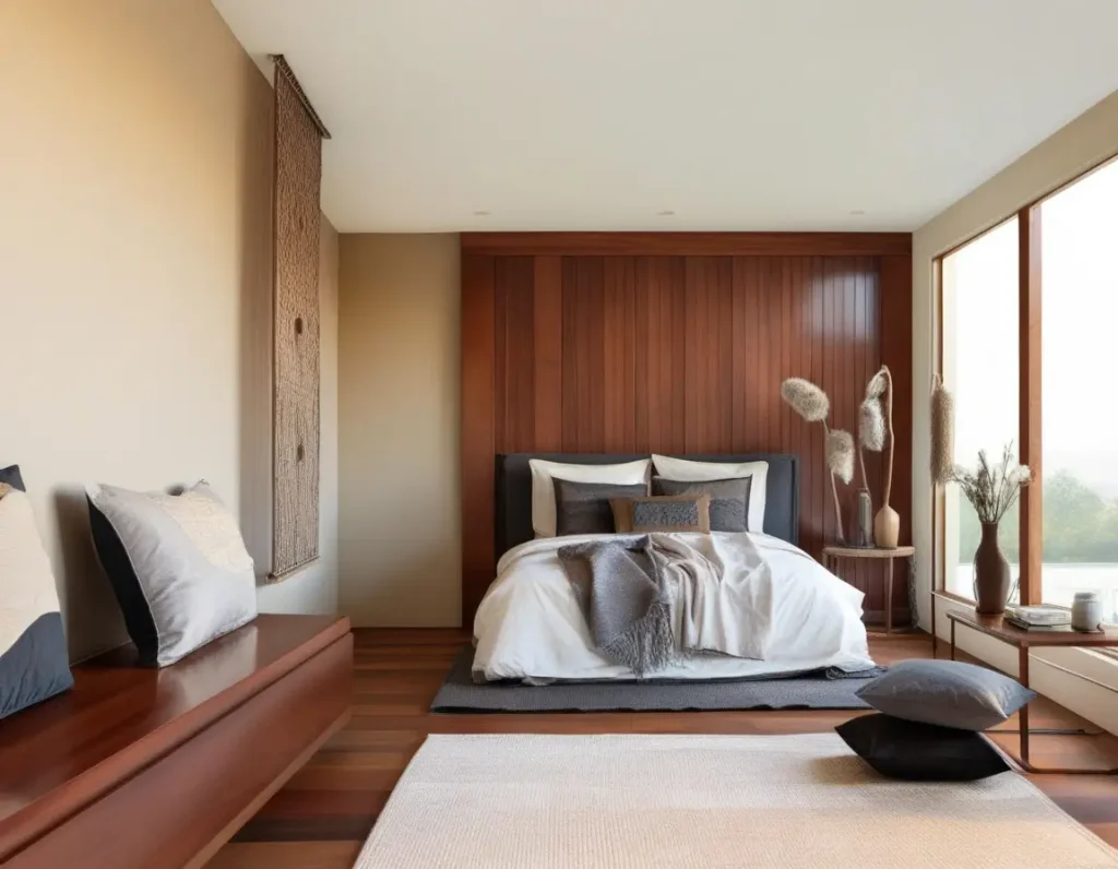 A cream-walled bedroom with chic wooden furniture, textured rugs, and decorative cushions for a stylish look