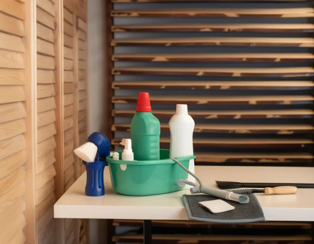 A cleaning kit with polish and tools placed beside a wooden partition, illustrating maintenance