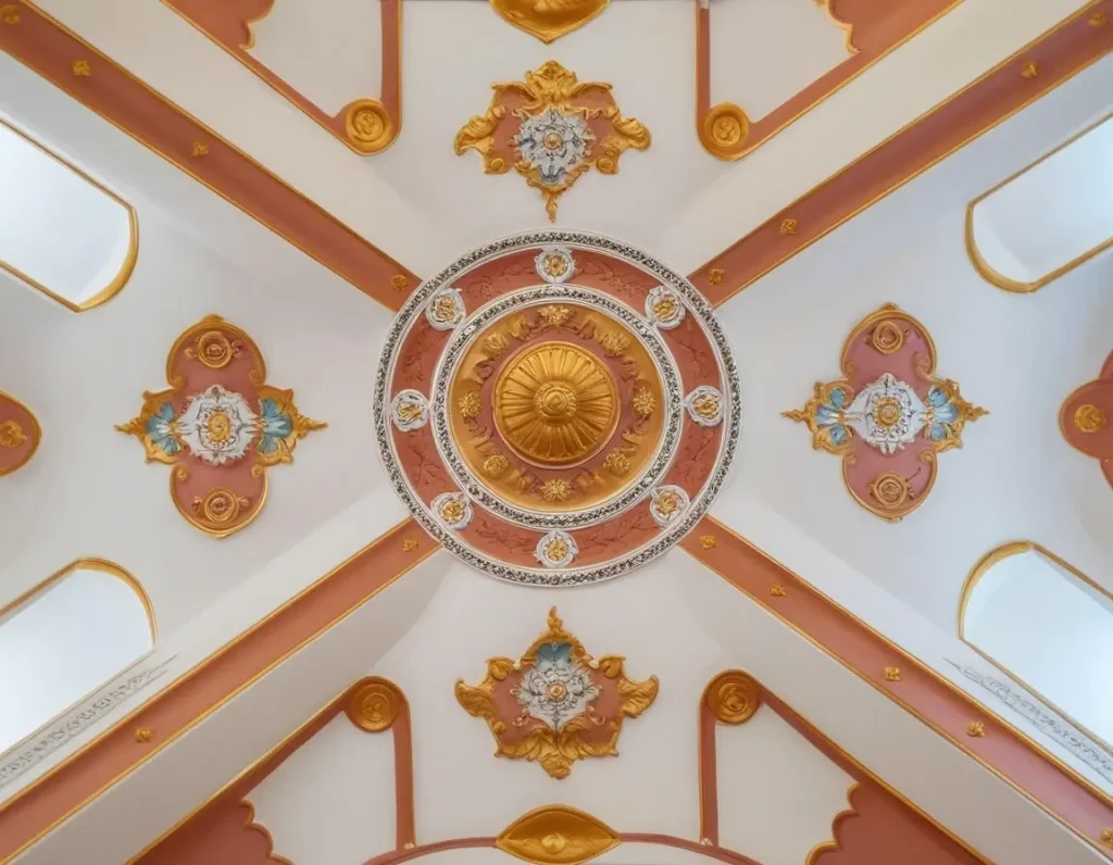 A close-up of a beautifully painted false ceiling showcasing its impact on overall interior aesthetics