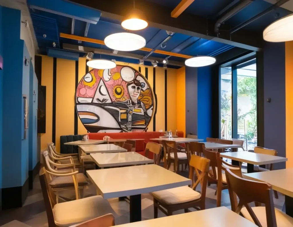 A themed restaurant interior with walls reflecting a creative and unique design concept