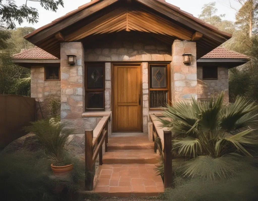 A rustic bungalow exterior with earthy tones blending seamlessly with natural surroundings