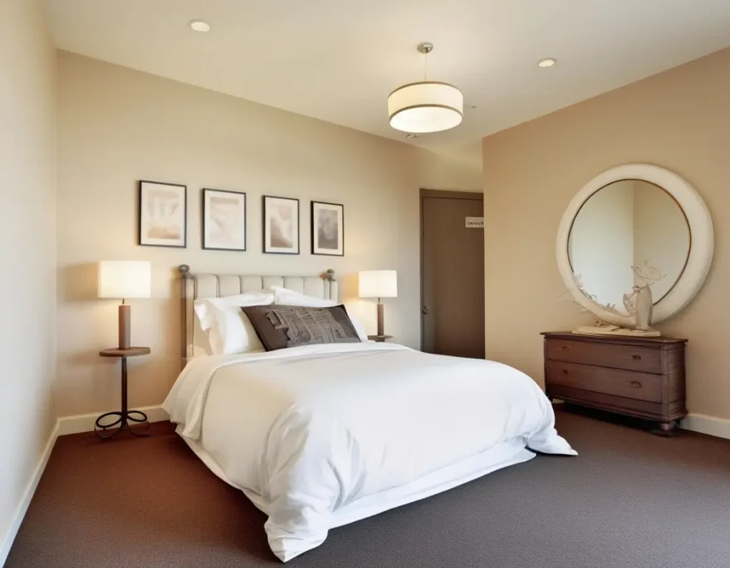 A bedroom with a cream accent wall adorned with subtle textures, complemented by neutral-toned furniture