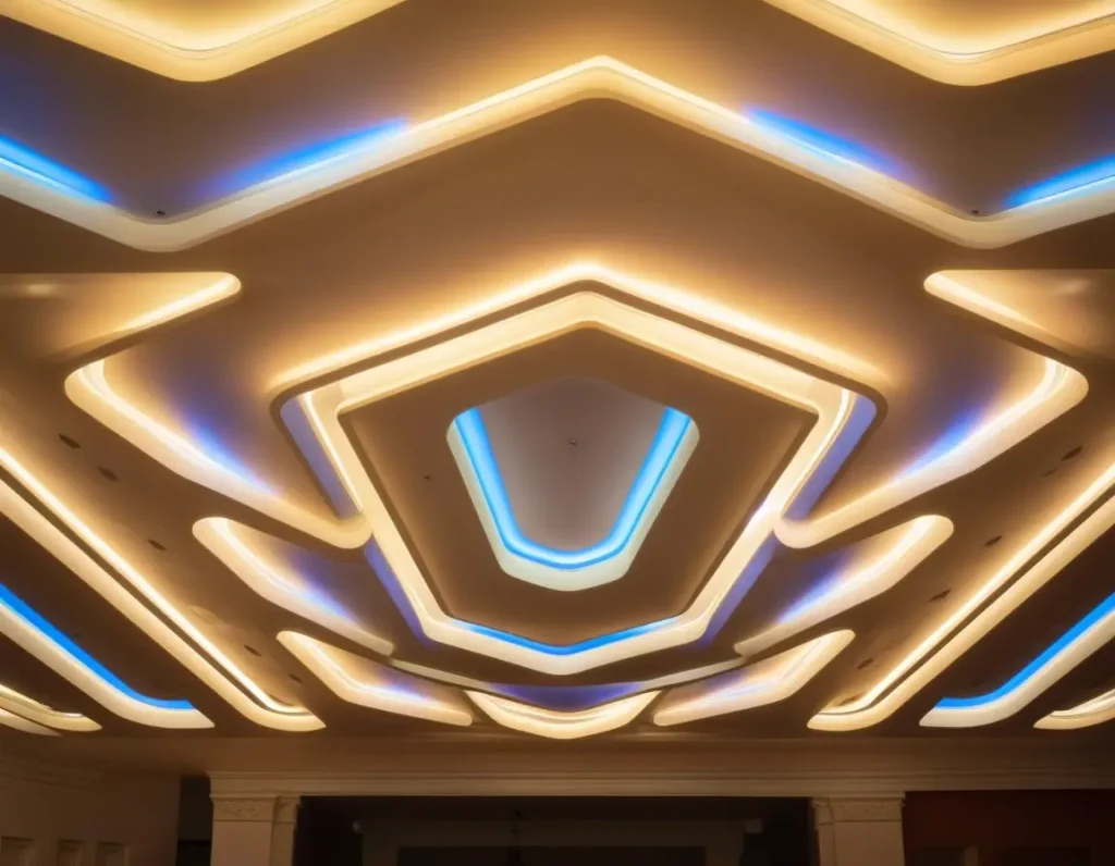 A false ceiling illuminated with strategically placed LED lights, highlighting its color and design