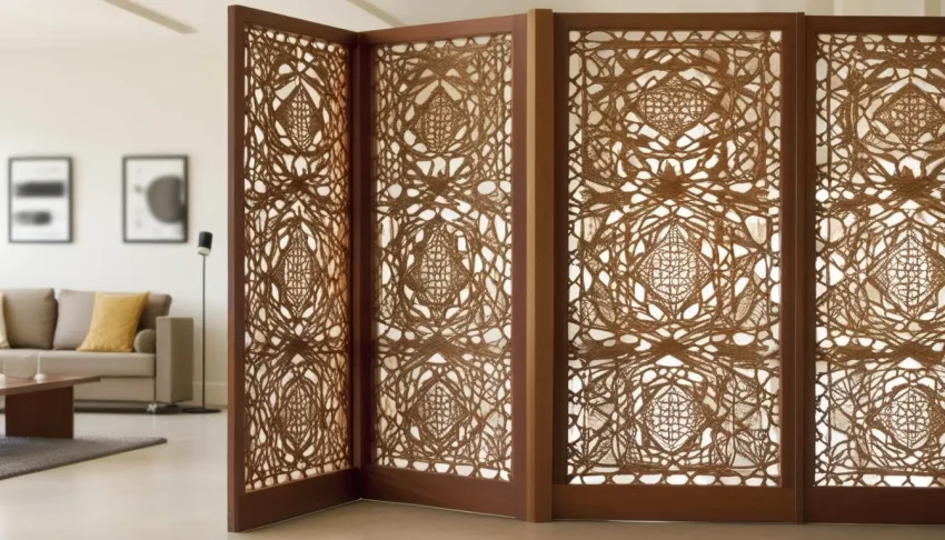 A stylish wooden partition design featuring a combination of intricate patterns, warm wood tones, and modern accents, adding privacy and style to a living space