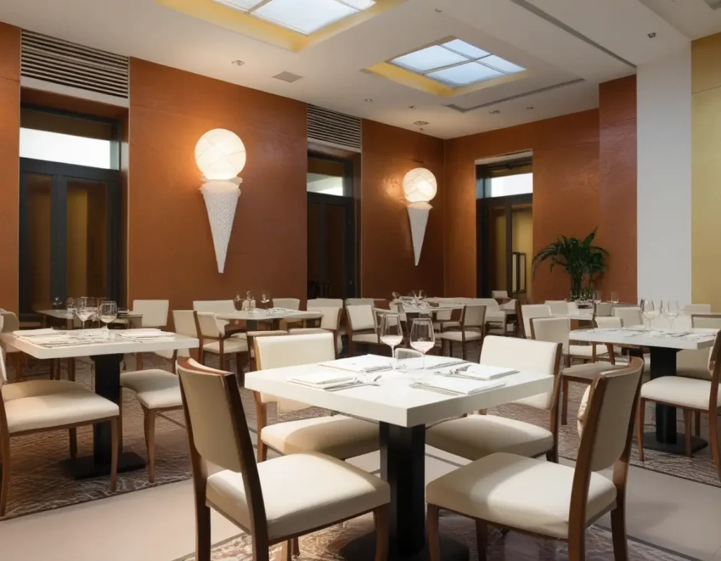 A luxurious restaurant setting featuring textured wall finishes paired with ambient lighting