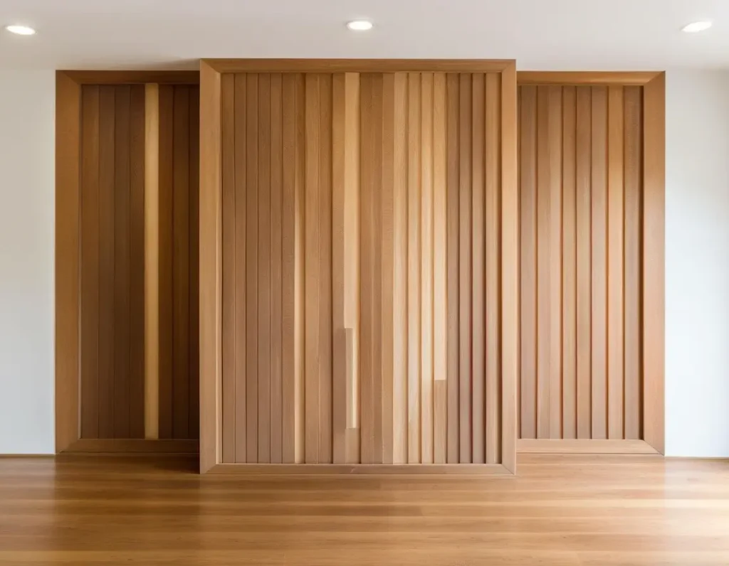 A dramatic wooden partition with bold design, serving as a statement piece in a room