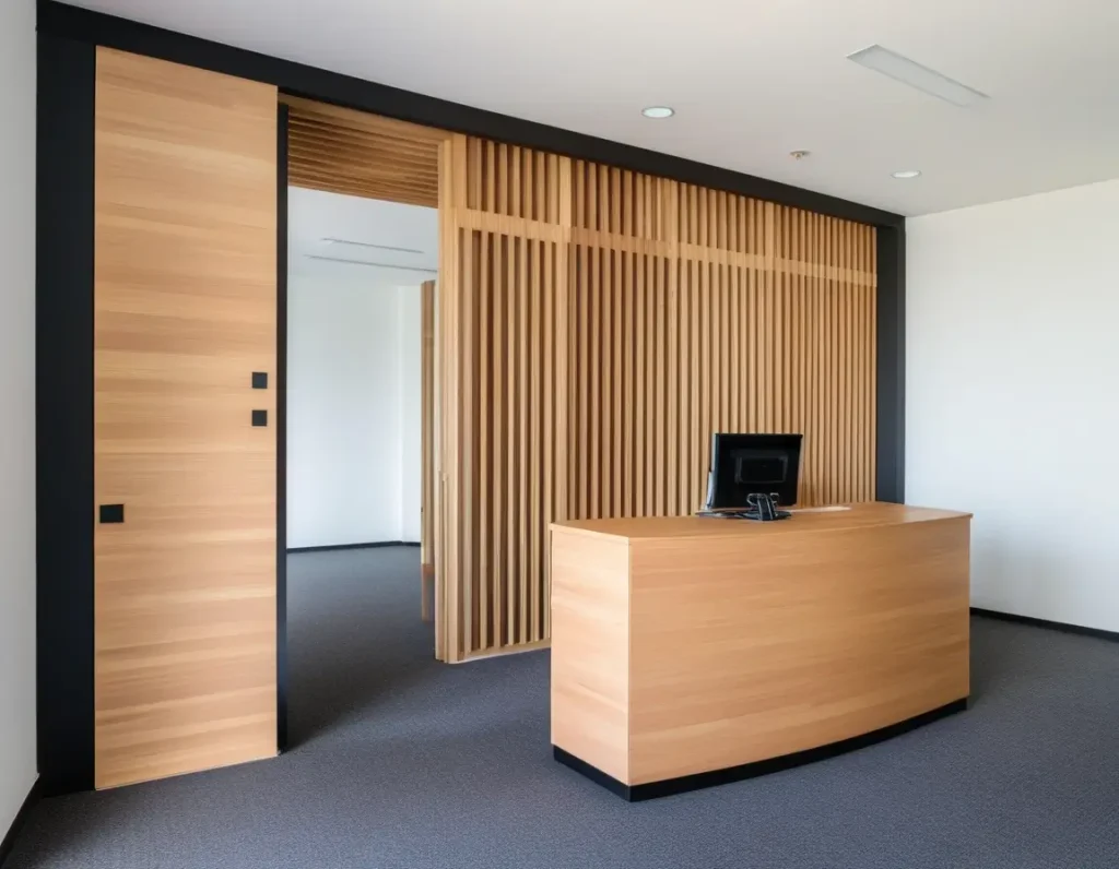 An office space with an elegant wooden partition providing privacy while maintaining openness