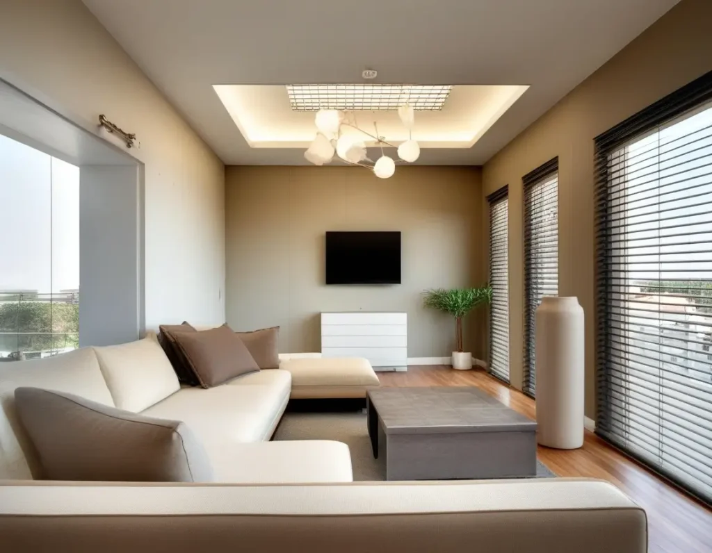 A living room featuring a neutral-toned false ceiling and minimalist decor, emphasizing timeless elegance