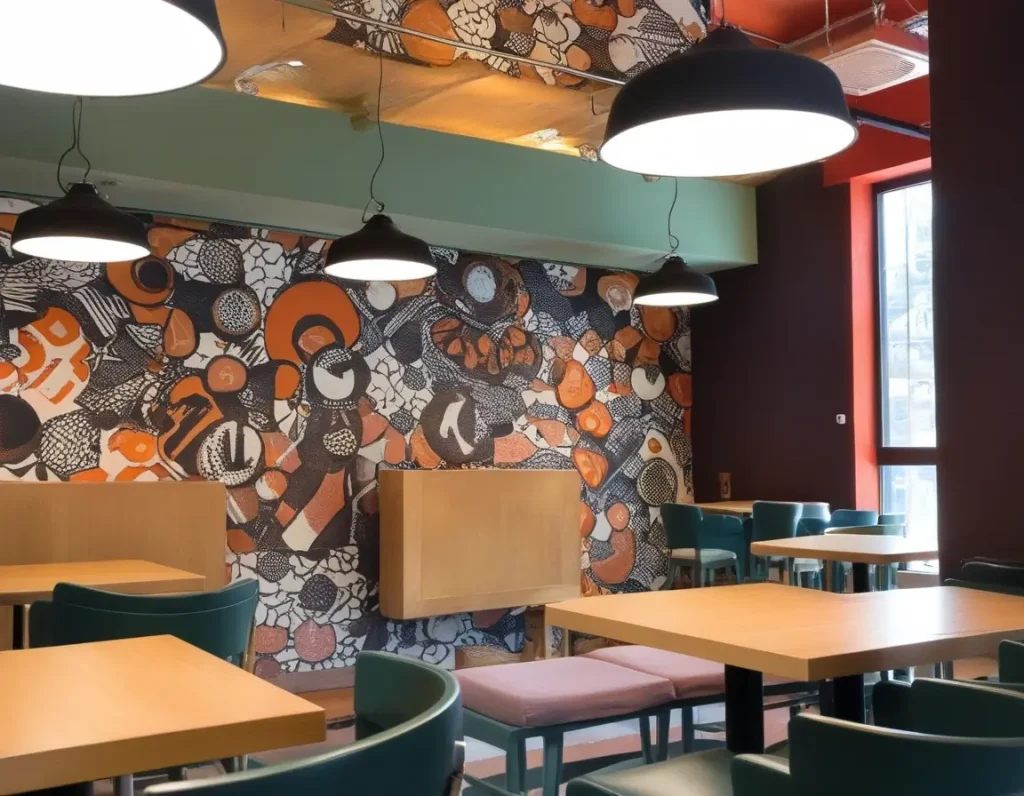 A restaurant wall showcasing a mix of trendy textures and vibrant patterns for a stylish look