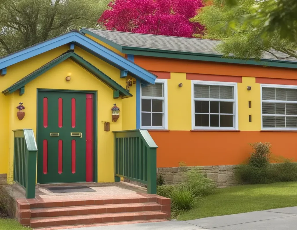 A cheerful bungalow with bright and lively color pairings, exuding vibrancy and energy