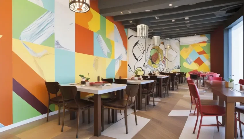 A modern restaurant wall design featuring vibrant murals, textured finishes, and unique color combinations