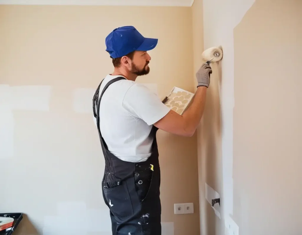 A professional painter working on a pristine cream-colored wall in a stylish bedroom, with tools and a brand logo visible