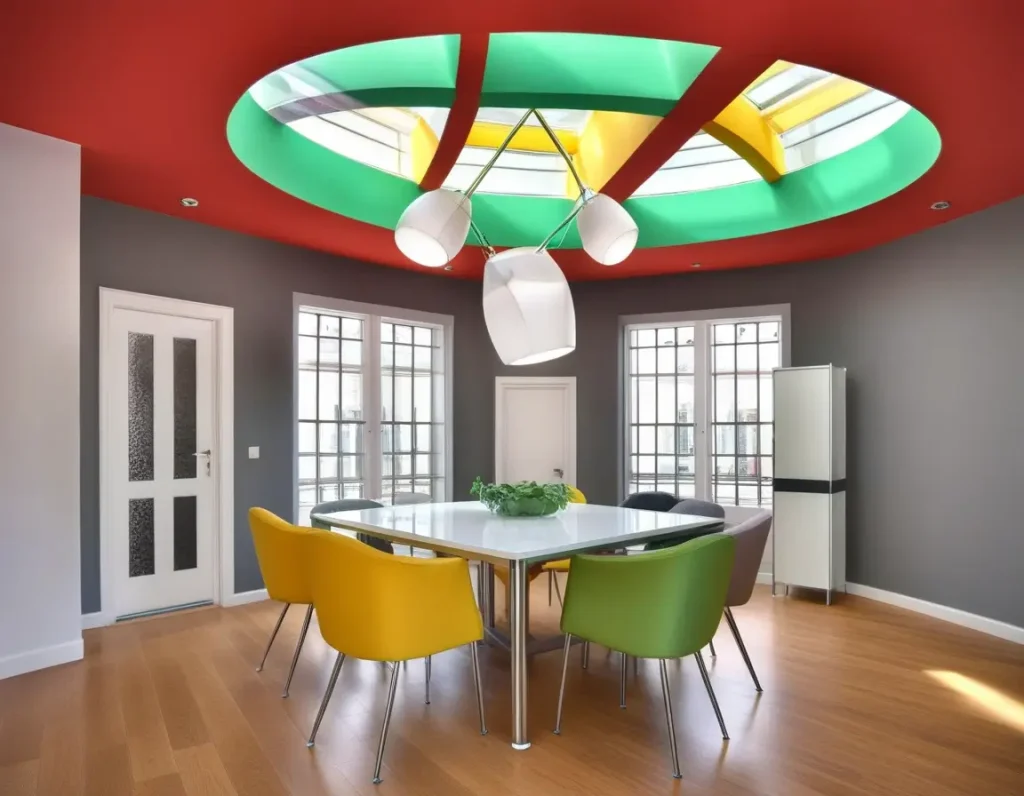 A bold and dynamic interior with an accent-colored false ceiling that draws immediate attention