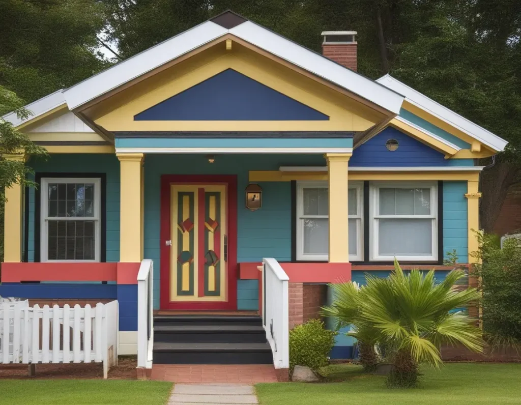 A two-tone painted bungalow with distinct sections highlighted for balance and visual interest