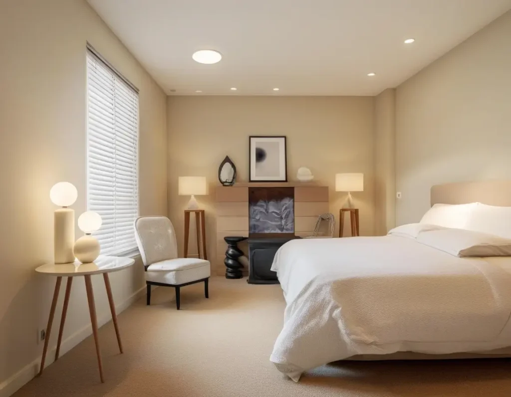 A cozy bedroom with cream-colored walls, soft ambient lighting, and elegant modern furniture creating a timeless look