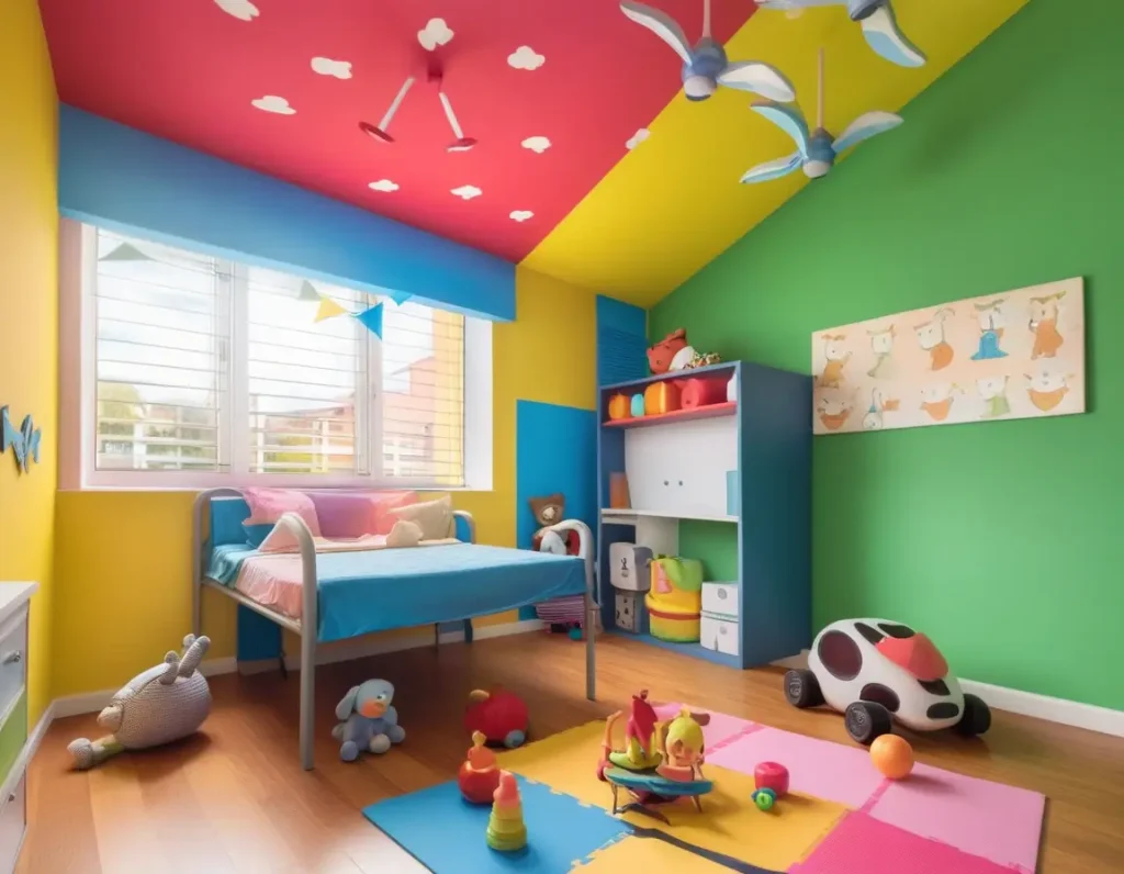 A vibrant kid's room showcasing playful false ceiling colors, complemented by fun decor and toys