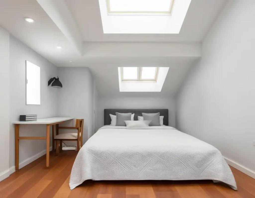 A minimalist bedroom featuring a monochromatic false ceiling blending seamlessly with the room's decor