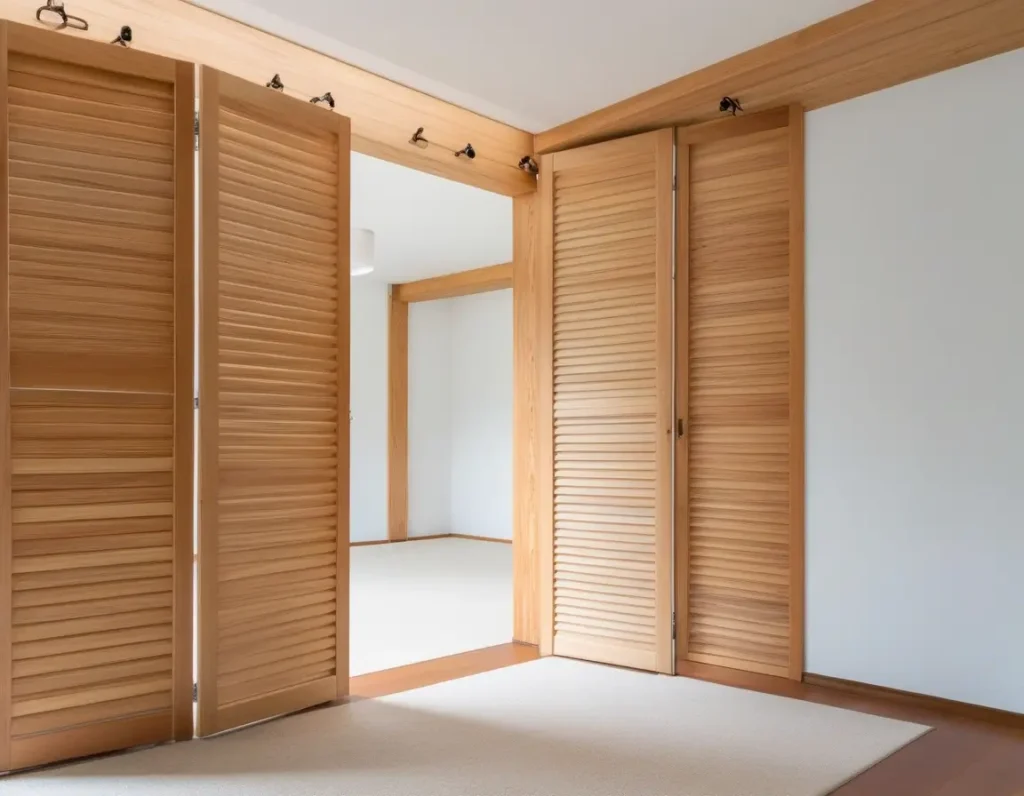 An open and airy wooden partition design that allows light to flow between two rooms