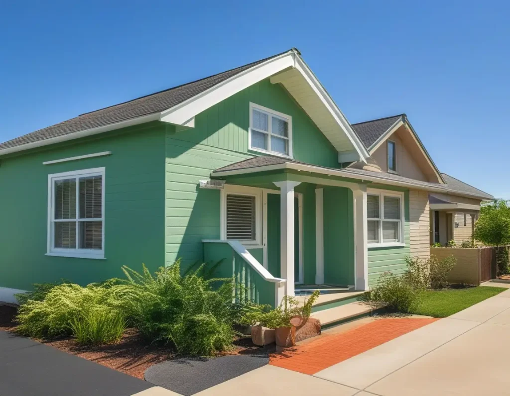 A beautiful bungalow exterior painted with eco-friendly colors under a clear blue sky