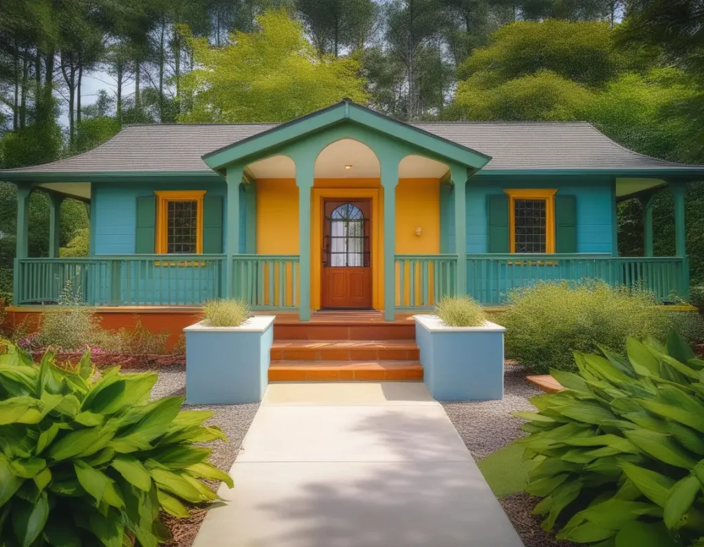 A picturesque bungalow surrounded by greenery, showcasing charming and vibrant exterior colors