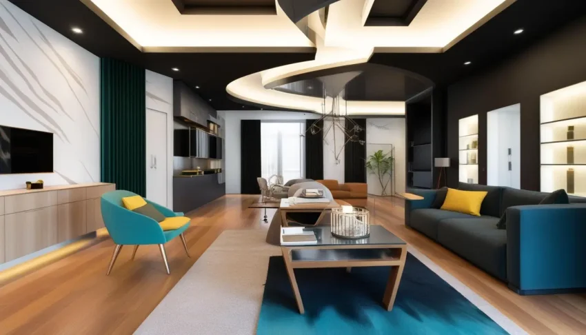 A stylish living room with a false ceiling featuring a blend of complementary color combinations, modern lighting, and sleek design elements