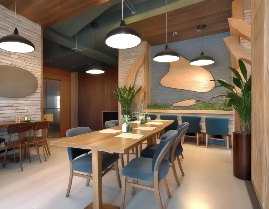 A dining area with walls featuring natural materials like wood, stone, and plants for a rustic touch