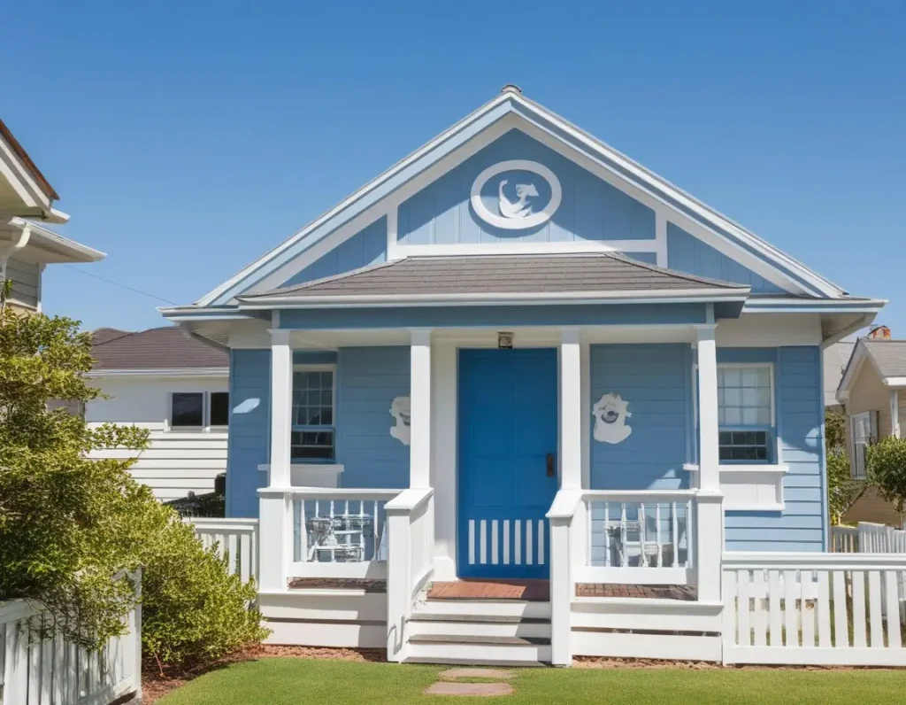 A coastal-inspired bungalow exterior featuring soothing blues and whites with nautical accents