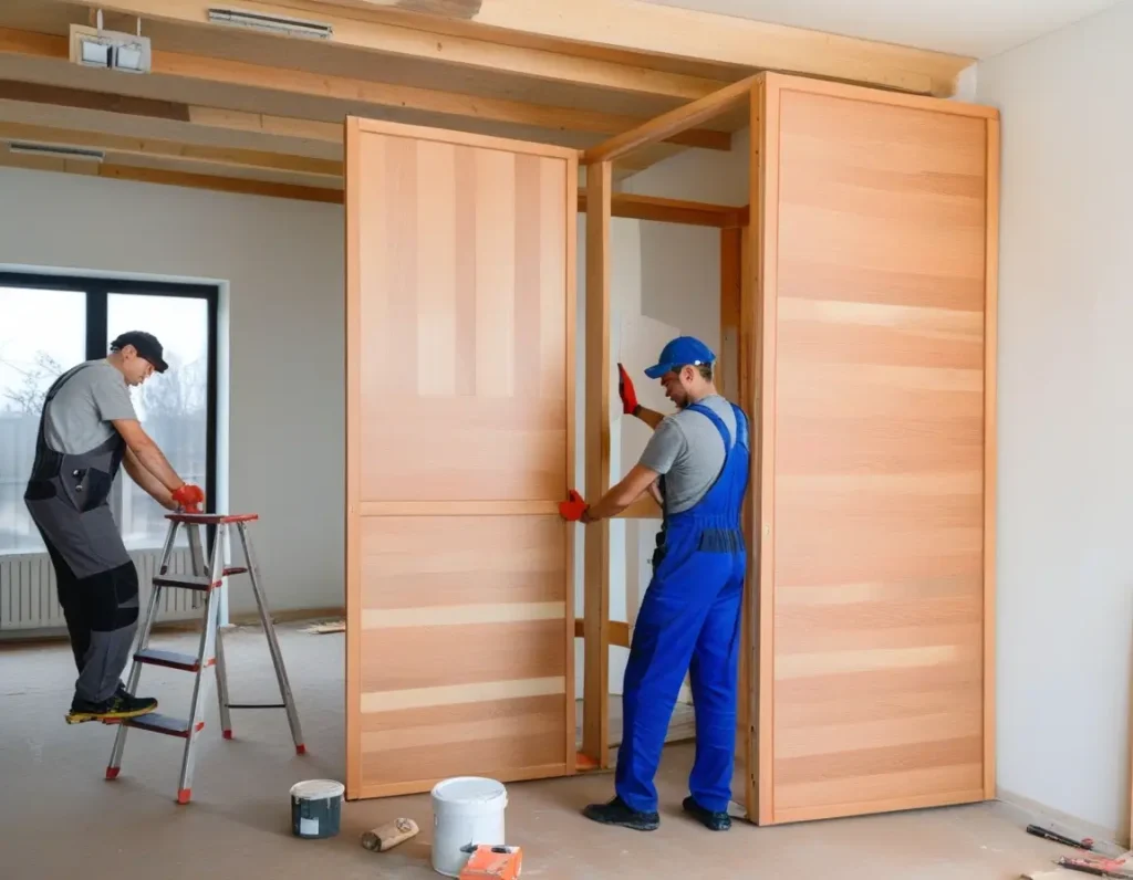 A professional team from Aapka Painter installing a beautifully designed custom wooden partition