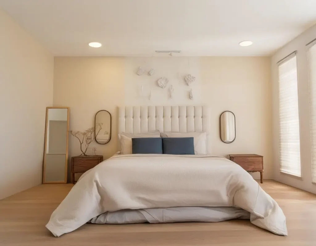 A serene bedroom interior showcasing cream-toned walls, light fabrics, and a peaceful atmosphere promoting relaxation