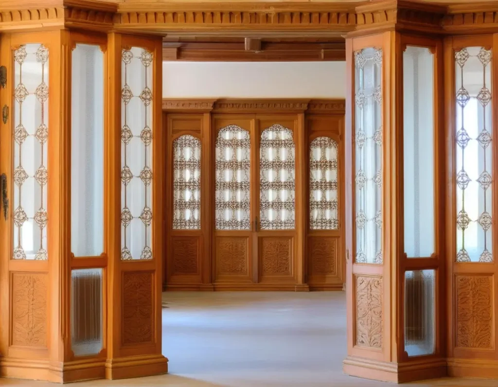 A classic wooden partition with intricate carvings enhancing a traditional living room