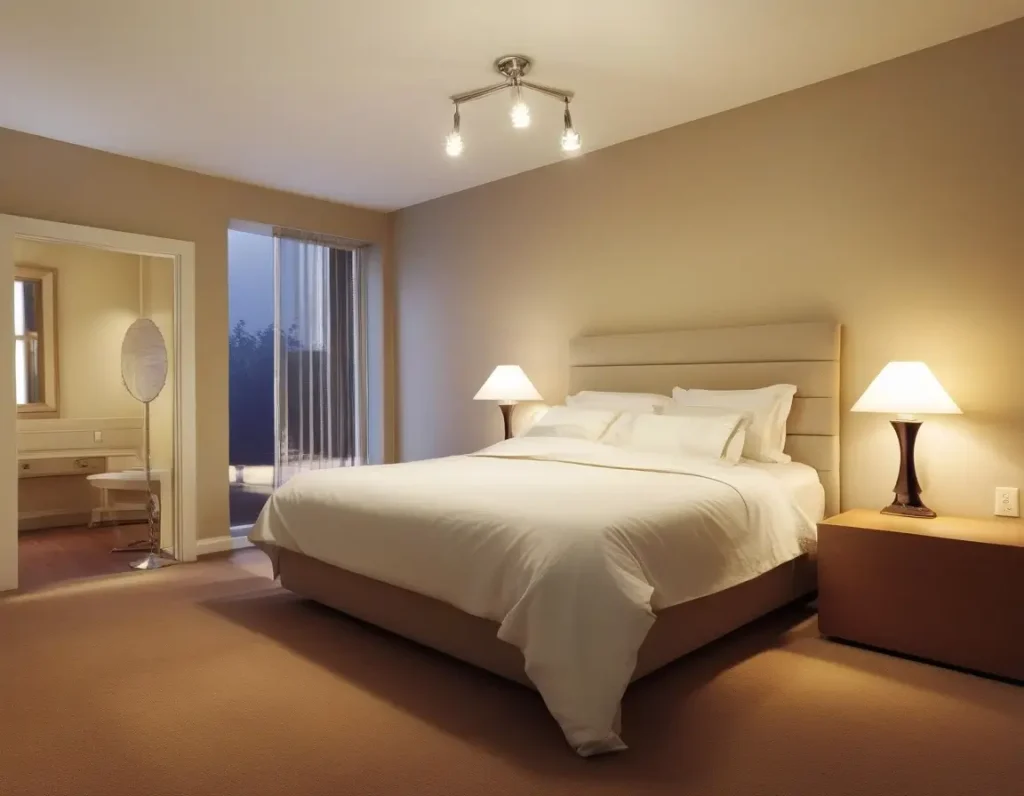 A modern bedroom featuring different cream shades, displayed under varied lighting conditions for comparison.