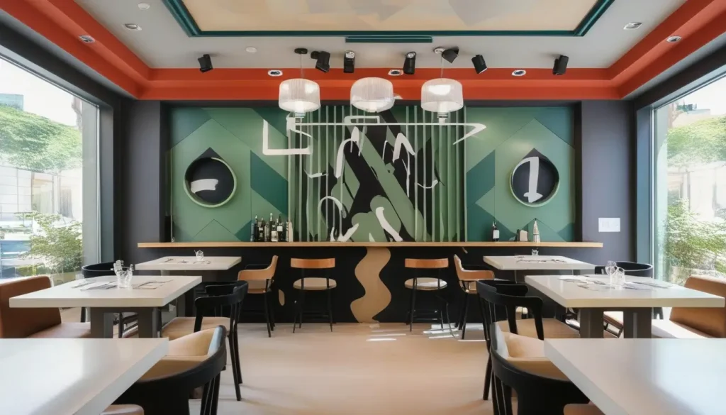 A chic restaurant interior featuring walls with a bold, modern design for an upscale ambiance