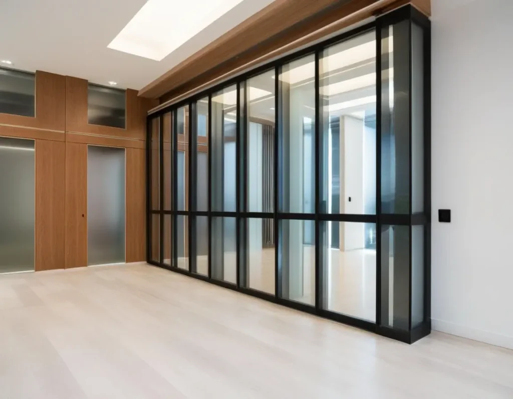 Sleek Wooden Partition with Glass Panels