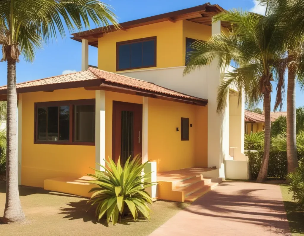 A tropical-style bungalow painted in warm, sunny colors ideal for lush, exotic settings