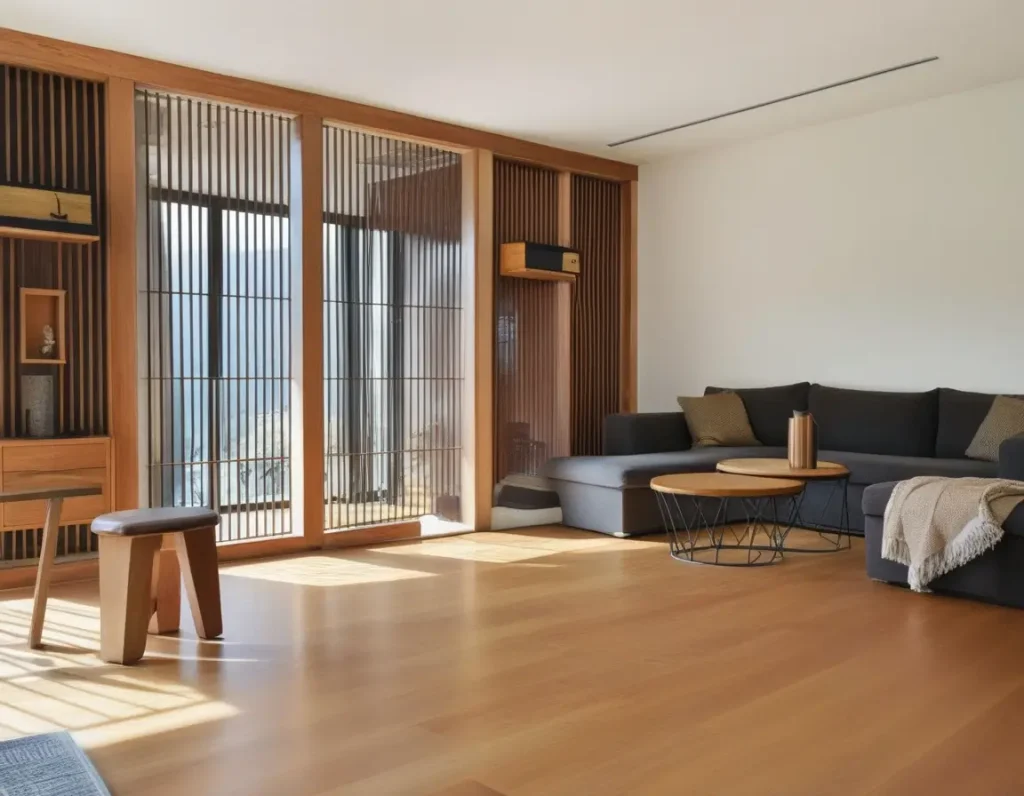 A cozy home interior showcasing a stylish wooden partition as a focal element