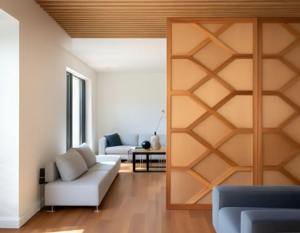 A modern living room featuring an elegant wooden partition that seamlessly divides the space