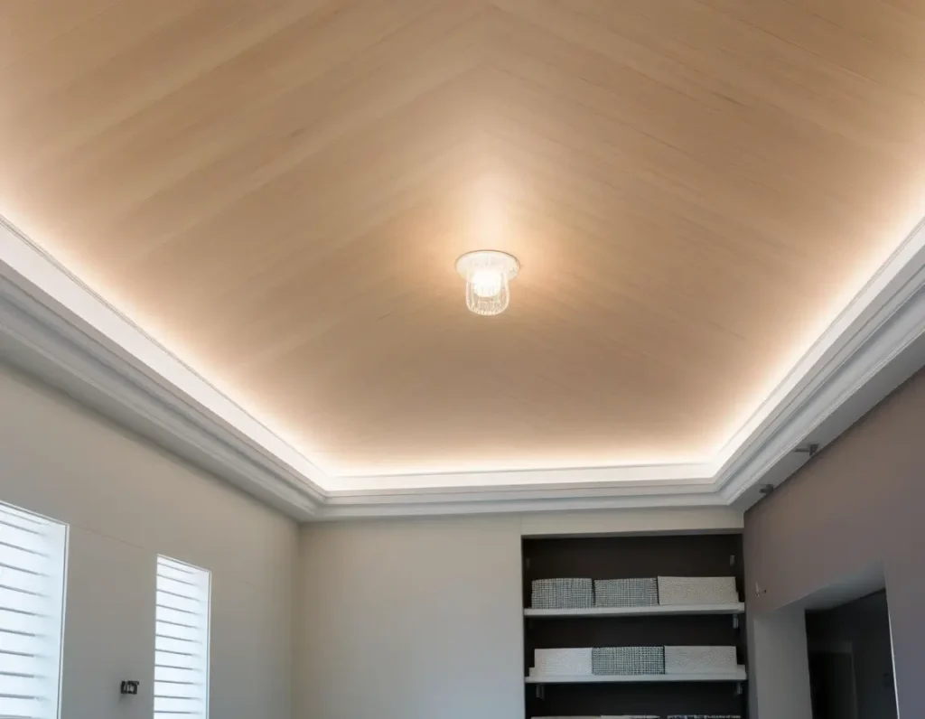 A textured false ceiling featuring subtle color accents, adding depth and character to the room