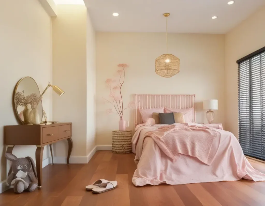 A stylish bedroom with cream walls paired with pastel pink and gold accents, showcasing trending color combinations