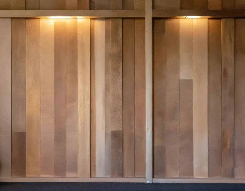 A rustic wooden partition featuring raw, natural wood textures for a warm and earthy vibe