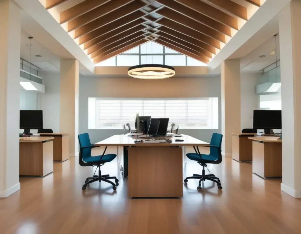 A professional office space featuring a creative and stylish false ceiling color scheme