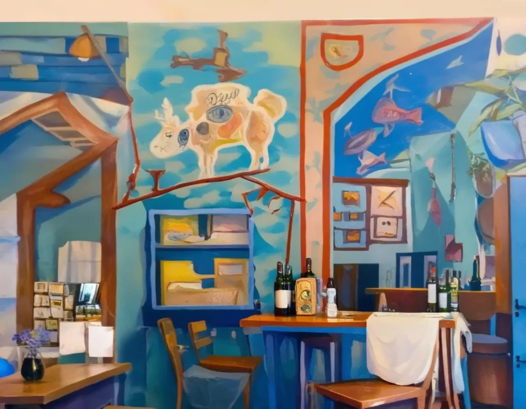 A hand-painted mural on a restaurant wall, adding an artistic and unique touch to the decor