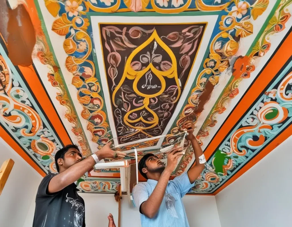 A professional painting team working on a vibrant false ceiling design, with Aapka Painter branding